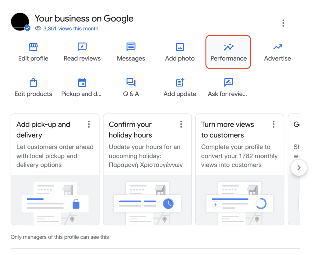 Dashboard displaying Google My Business data and insights.