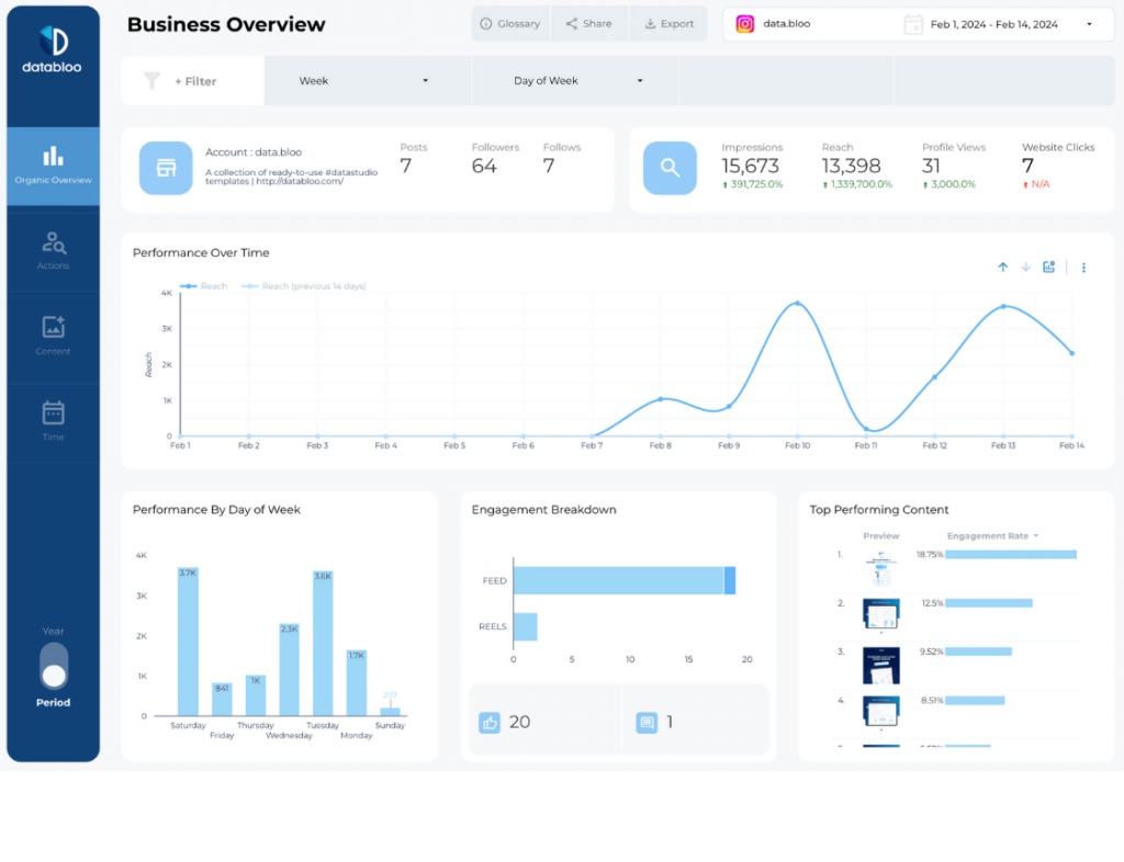 Instagram Insights Looker Studio Template - Business Overview - Data Bloo