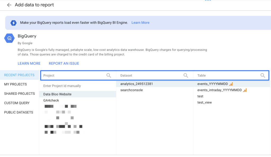 BigQuery Project Table Looker Studio - Data Bloo