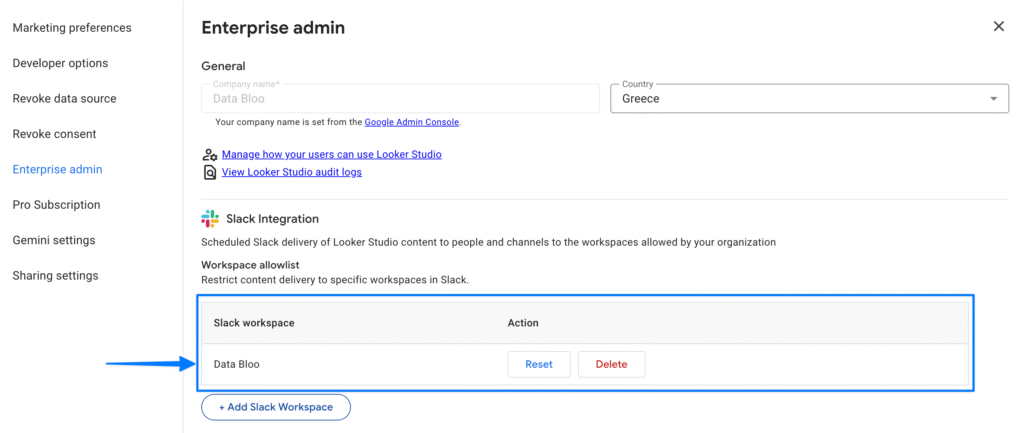 Connected Slack workspace shown in Enterprise Admin panel - Data Bloo