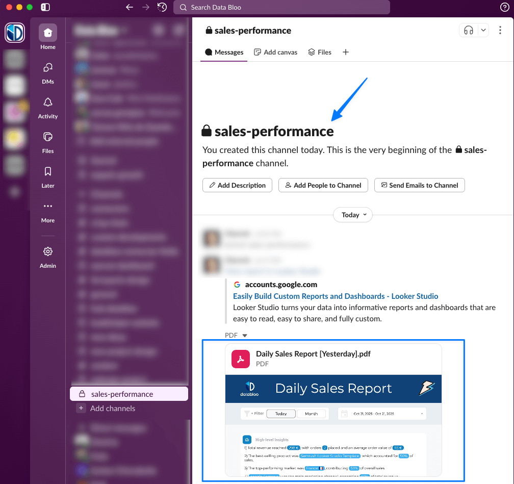 Example of an automated Daily Sales Report delivered to Slack - Data Bloo